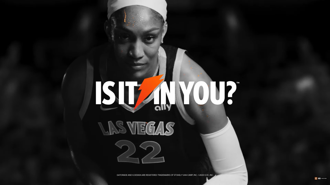 An image from the video wherein a woman basketball player is shown along with the line 