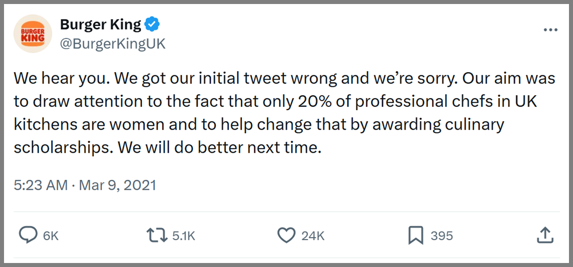 A screenshot of Burger King UK's response and apology to the viral Tweet