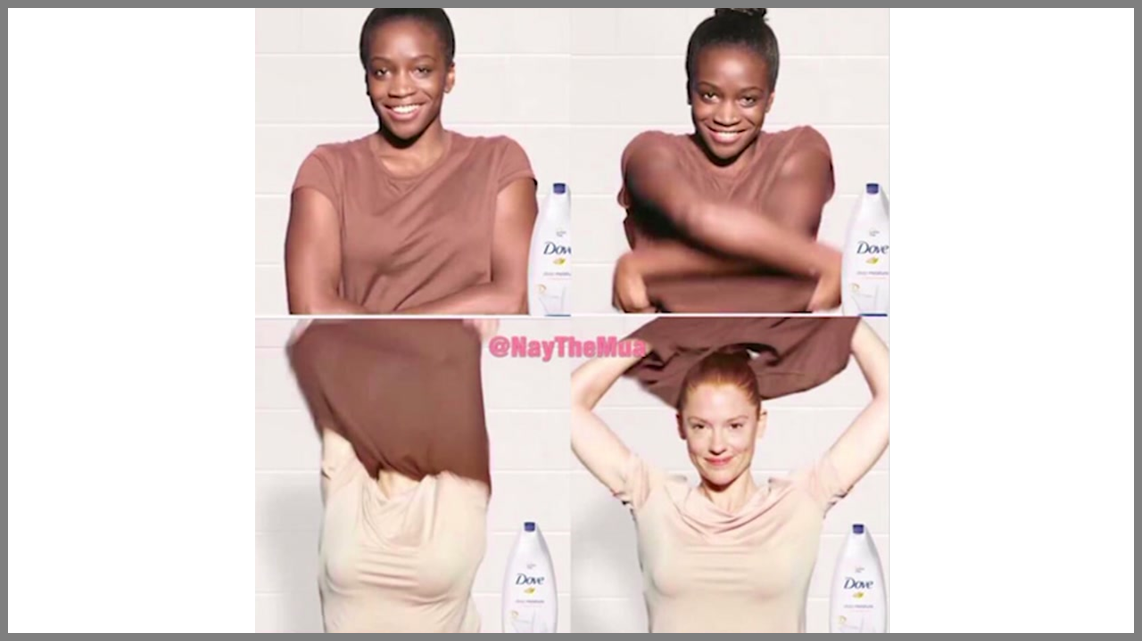 An image from the video wherein the black woman with brown shirt is taking it off of her body then changing to a white woman with white shirt