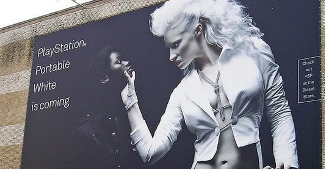 An image of Sony PSP 'White is Coming' billboard, wherein a white woman in white outfit is choking a black woman in black outfit