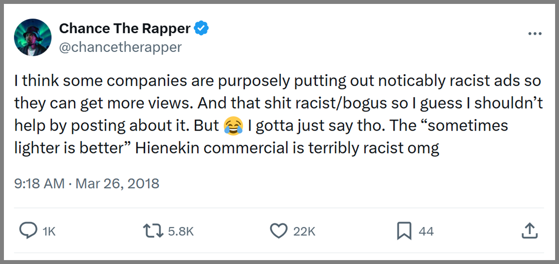 A screenshot of Chance the Rapper's Tweet regarding the controversial ad of Heineken