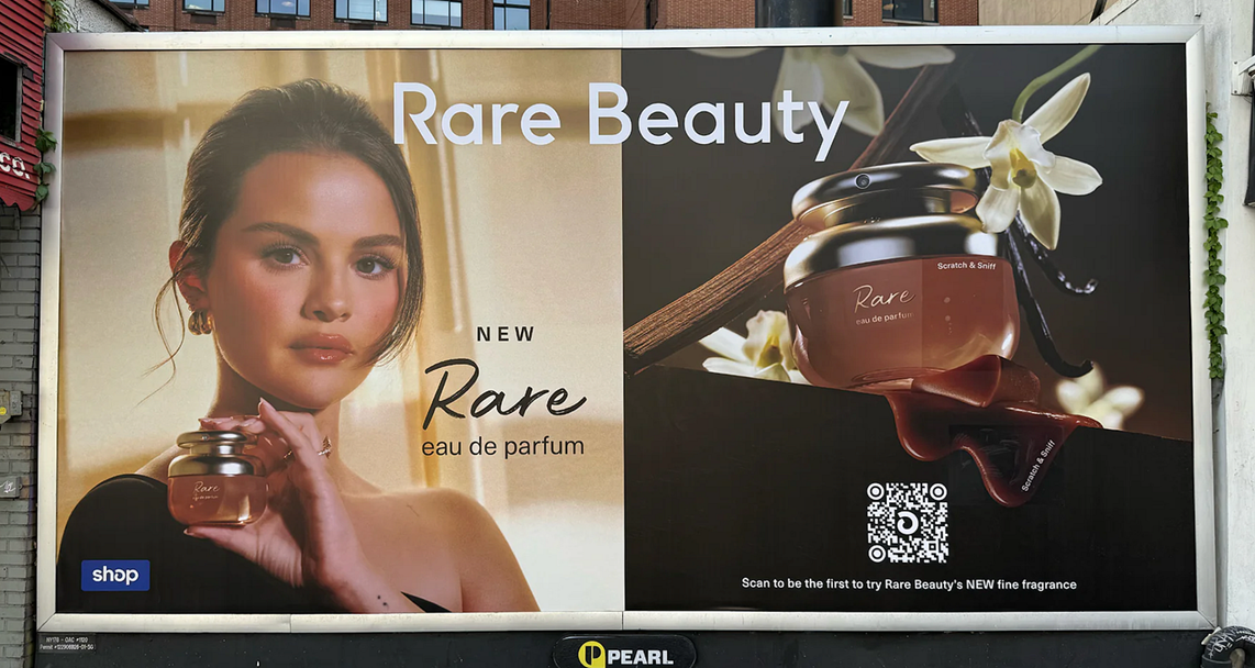 One of the smellable billboards of Rare Beauty