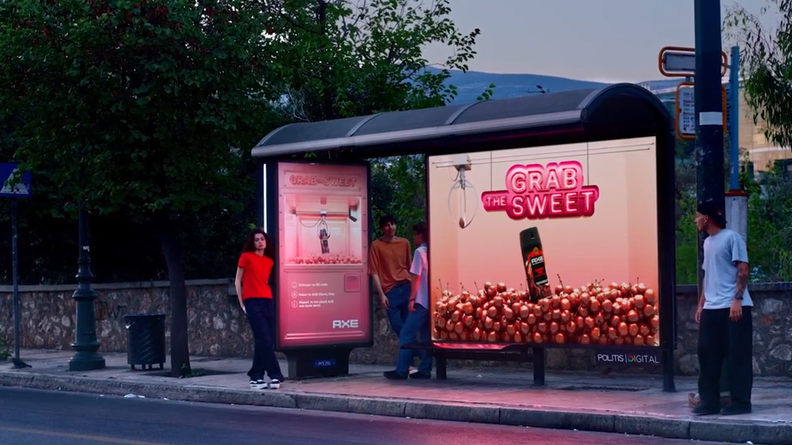 An image from the video wherein the Axe-gamified bus stop is shown