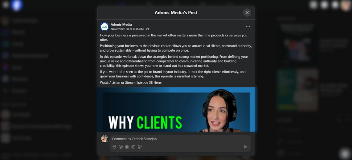 The Adonis Effect episode being shared on Facebook for more reach