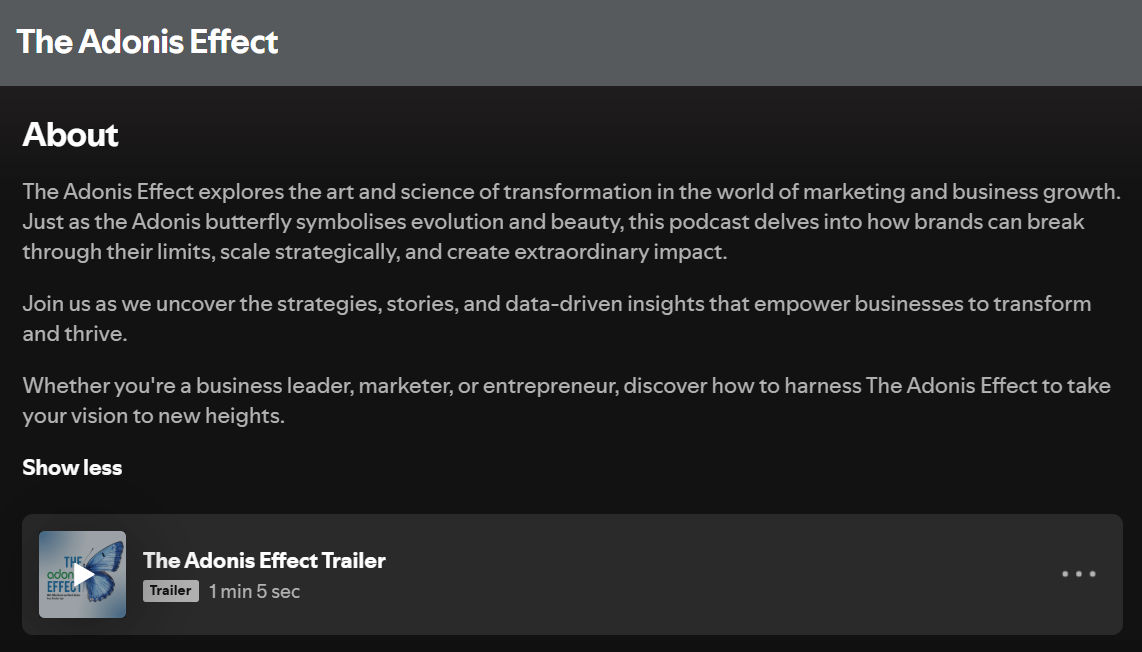 The Adonis Effect's podcast description on Spotify and other platforms