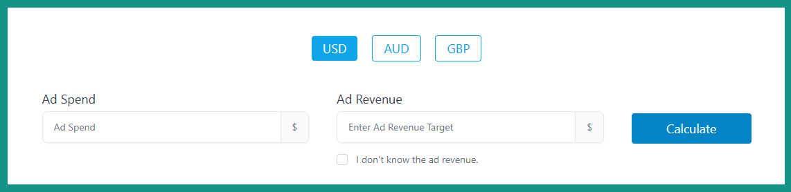 Adonis Media's ROAS Calculator with samples inputs